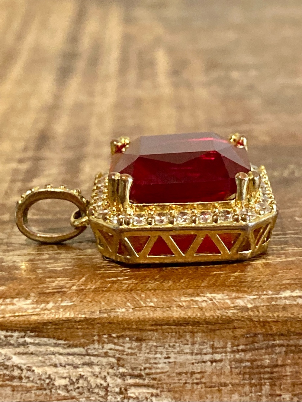 Men’s 18k Gold Plated Square Red Stone Halo Pendant Design by TSS - Picture 6 of 15